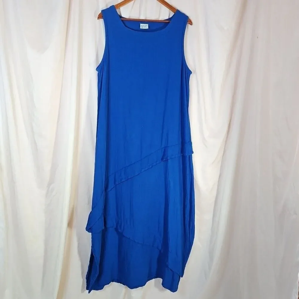 Oh My Gauze! Blue Ruffle Maxi Dress Women's 2 L XL Lagenlook Cotton Square Neck - Picture 2 of 7